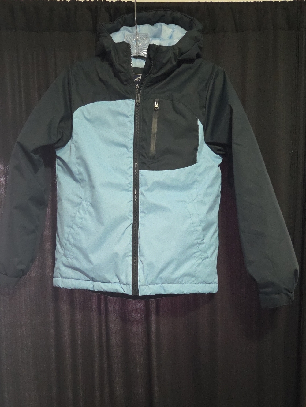 Kids Two-Tone Light Blue and Black Insulated Hooded Puffer Jacket